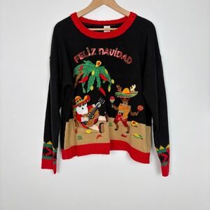 Holiday Time Women Feliz Navidad Santa Reindeer Ugly Christmas Sweater L Black